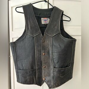 Vintage Vanguard Black Leather Motorcycle Vest with Pockets